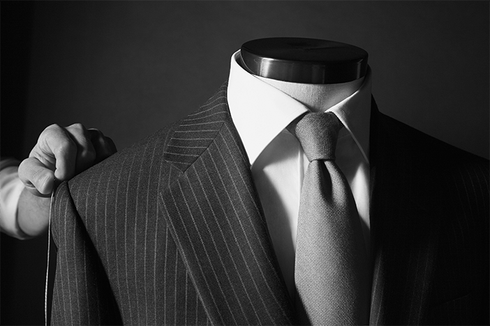 Black and white jacket, shirt and tie